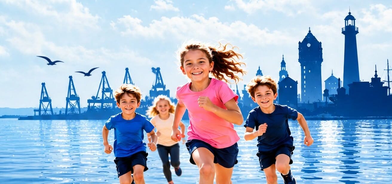 Rennende kinderen met de skyline van IJmuiden op de achtergrond